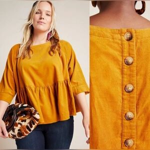 Maeve Anthropologie Maria Corduroy Babydoll Button Back Top Size Medium